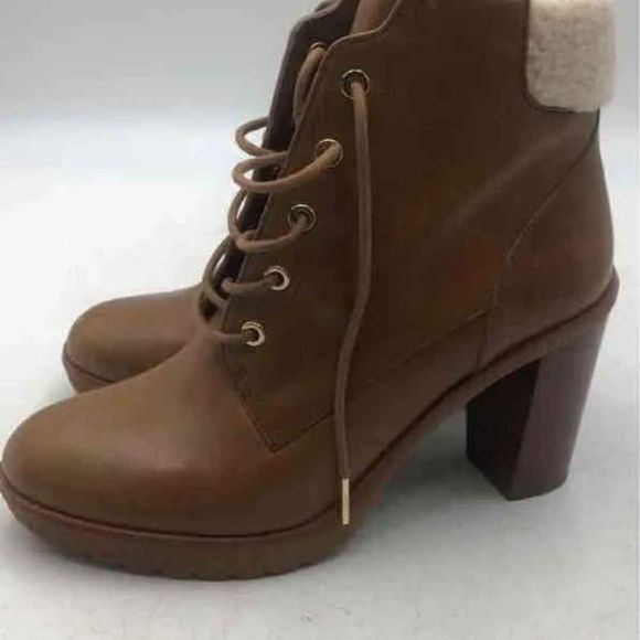 Michael Kors MK Designer Kim Brown Leather Lace Up Block Heel Booties Size US 10 - Picture 2 of 8